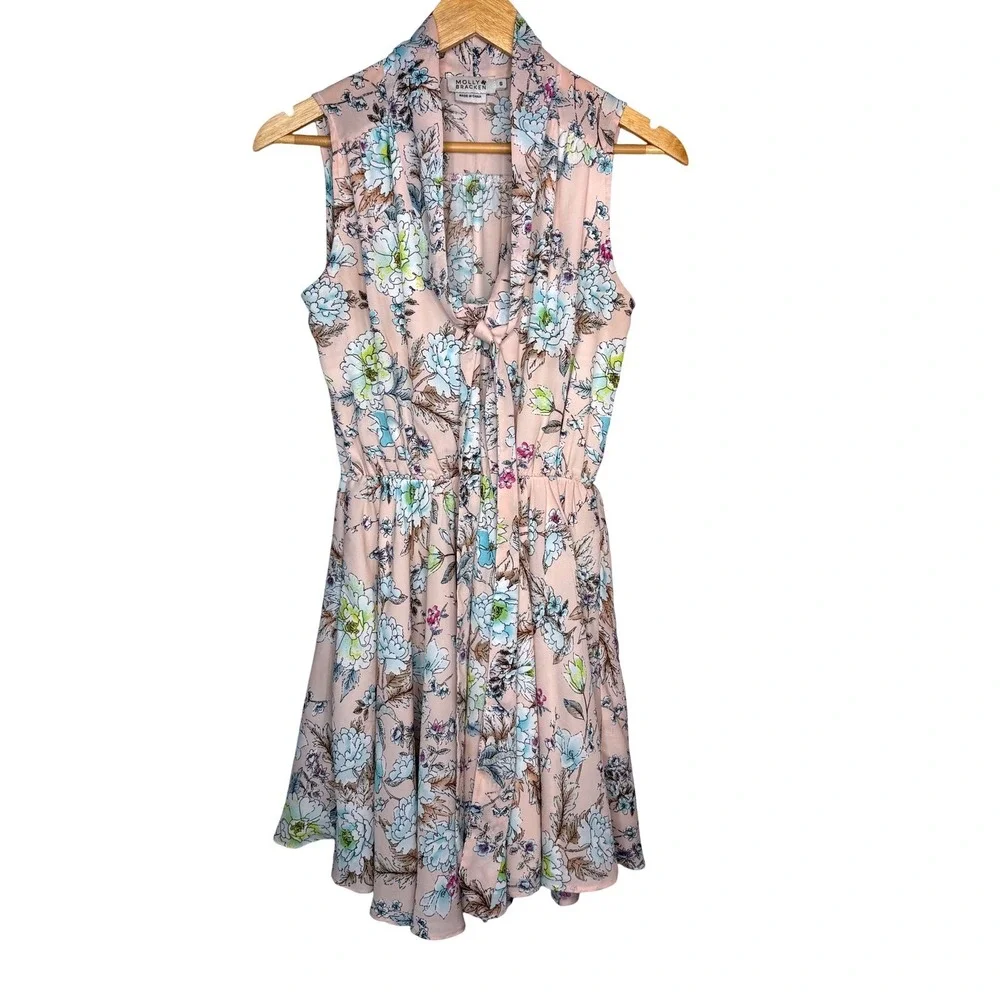 Molly Bracken Floral Tie Neck Mini Dress Womens Size S Pink Sleeveless Fit Flare